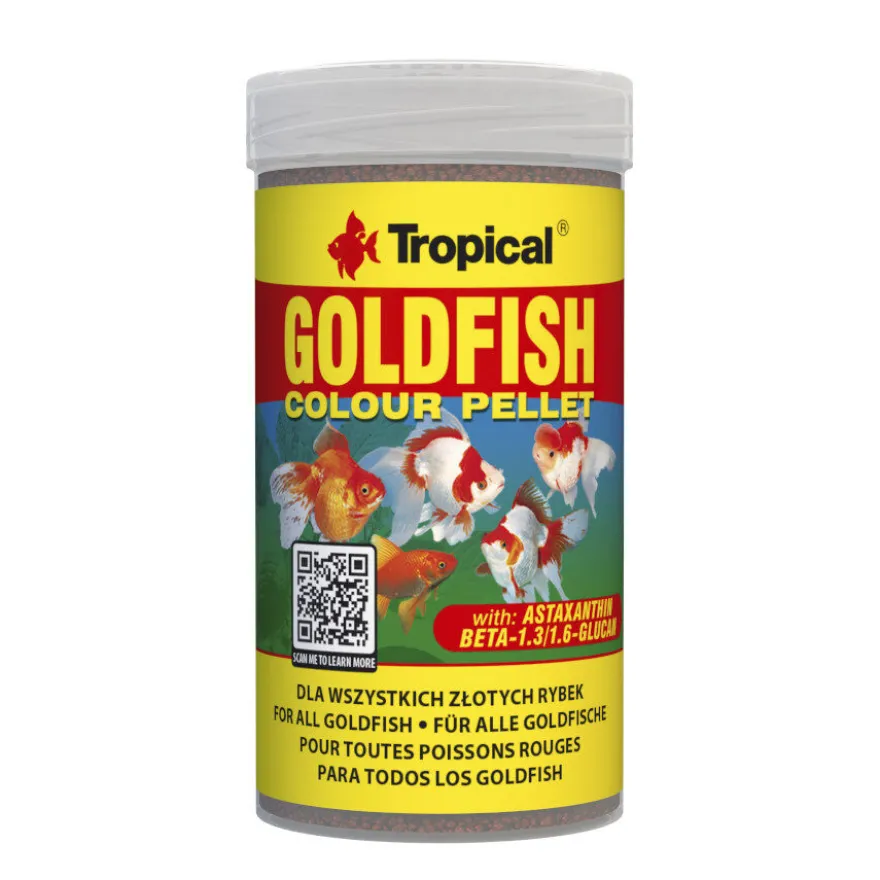 Comida de peixe em pellets coloridos para peixes dourados tropicais