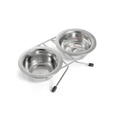 Flamingo Comedouro Duplo de aço inoxidável com suporte para cães e gatos