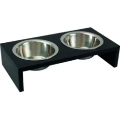 Flamingo suporte preto comedouro duplo para animais de estimação.