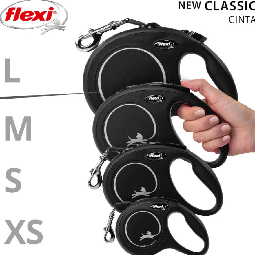 Flexi New Classic Trela extensível de fita preta para cães