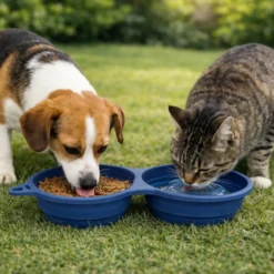 Gotoo Comedouro Portátil Duplo em Silicone Azul para cães e gatos