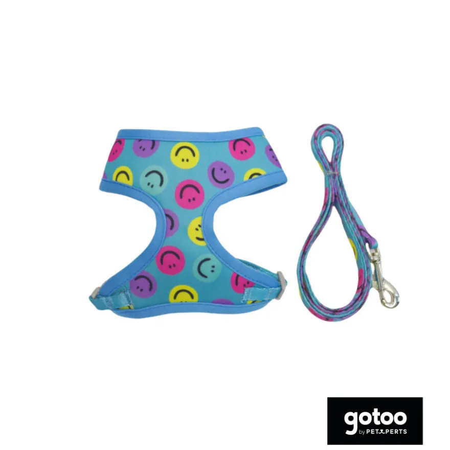 Gotoo Trela e peitoral estampado smile azul para gatos