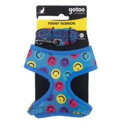 Gotoo Trela e peitoral estampado smile azul para gatos