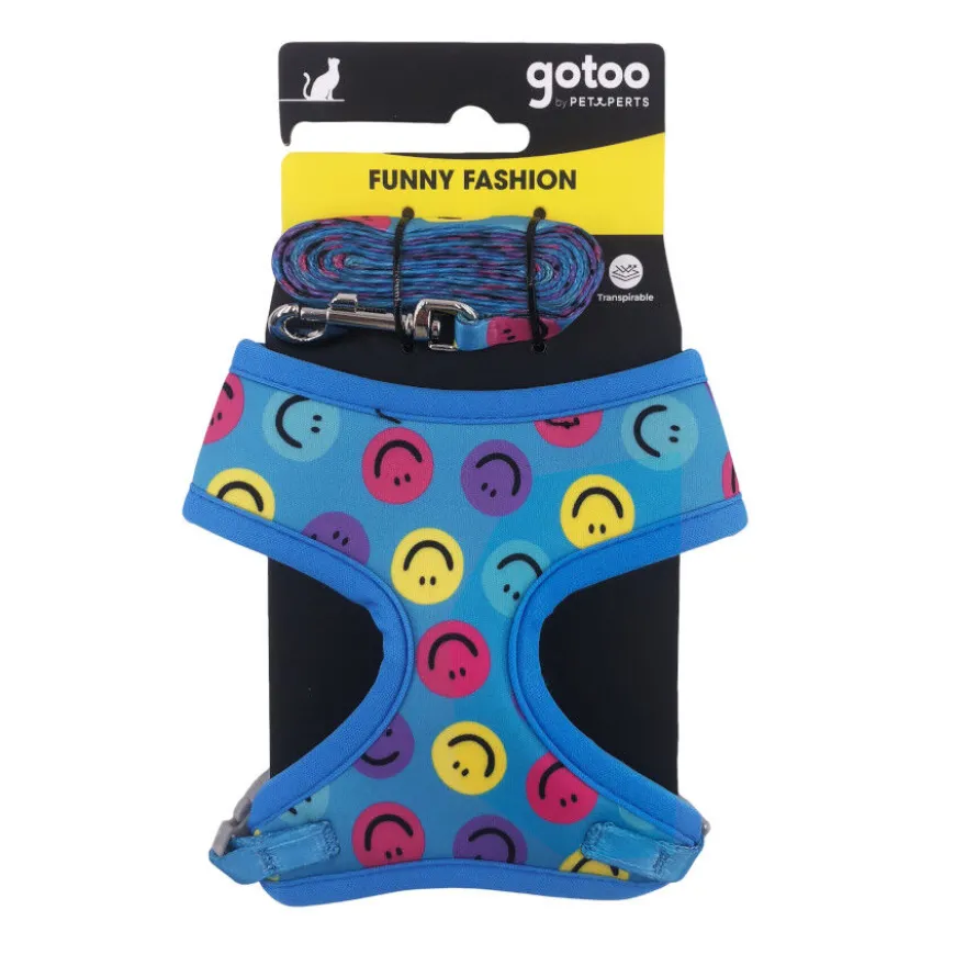 Gotoo Trela e peitoral estampado smile azul para gatos