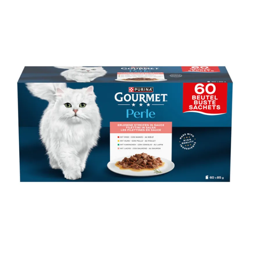 Gourmet Perle Alimento húmido de coelho, vaca, frango e salmão em saquetas para gatos