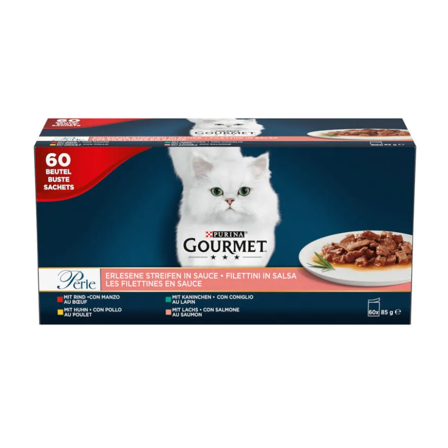 Gourmet Perle Alimento húmido de coelho, vaca, frango e salmão em saquetas para gatos