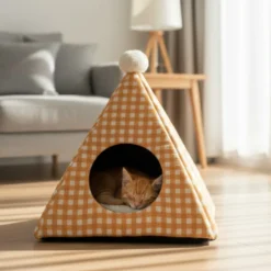 Leeby Cama pirâmide vichy laranja para gatos
