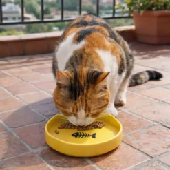 Leeby Comedouro de Cerâmica Amarelo com Orelhinhas para gatos