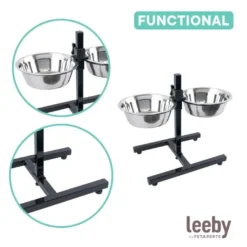 Leeby Comedouro Duplo Ajustável em Aço Inoxidável para cães
