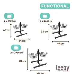 Leeby Comedouro Duplo Ajustável em Aço Inoxidável para cães