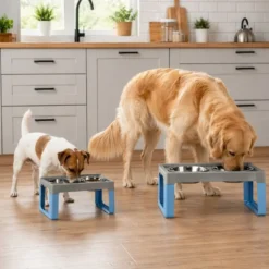 Leeby Comedouro Duplo Azul em Aço Inoxidável para cães