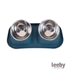 Leeby Comedouro Duplo de Metal Azul para cães