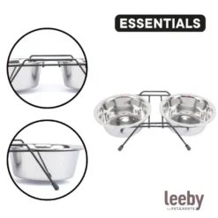 Leeby Comedouro Duplo em Aço Inoxidável com Suporte para cães e gatos