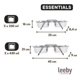 Leeby Comedouro Duplo em Aço Inoxidável com Suporte para cães e gatos