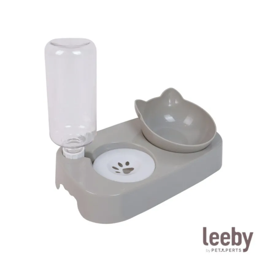 Leeby Comedouro e Dispensador de Água 2 em 1 Cinzento e Branco para gatos