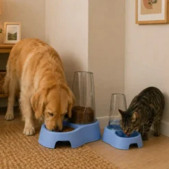 Leeby Dispensador 2 em 1 Azul de Ração e Água para cães e gatos