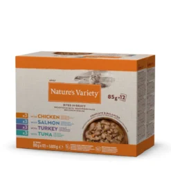 Nature's Variety Pedaços de Peru, Atum, Frango e Salmão Saquetas com molho para gatos