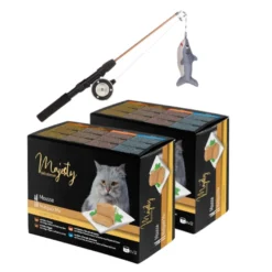 Pack Brinquedo de vara de pesca Flamingo + 24 latas x 85 g Majesty Adult Mousse Mix para gatos