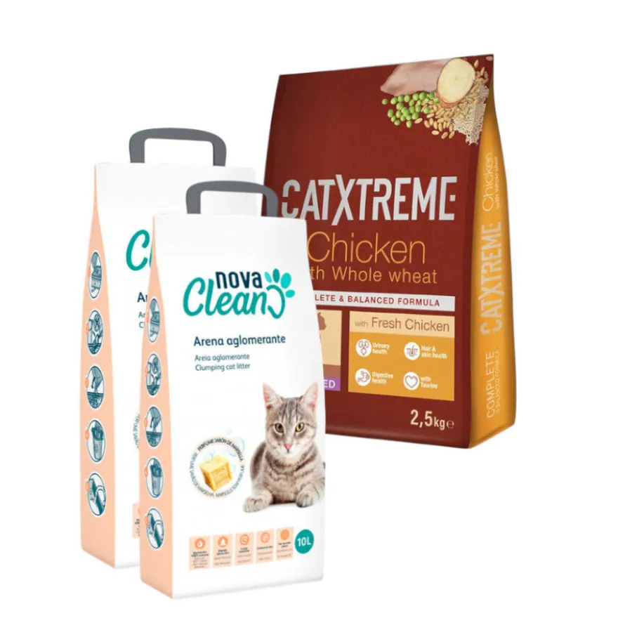 Pack 2,5 kg de ração Catxtreme para peru e frango + 20 L de areia aglomerante Nova Clean para gatos