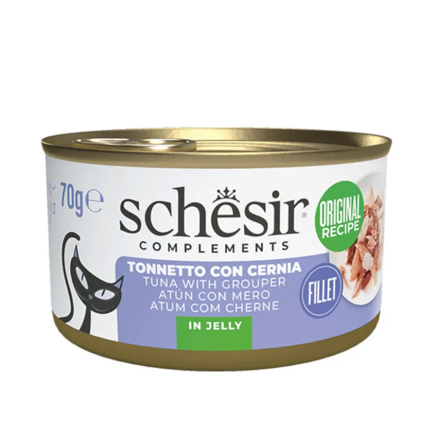 Schesir Atum com Garoupa em Lata de Gelatina para gatos