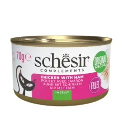 Schesir Filés de Frango com Presunto em Lata de Gelatina para gatos