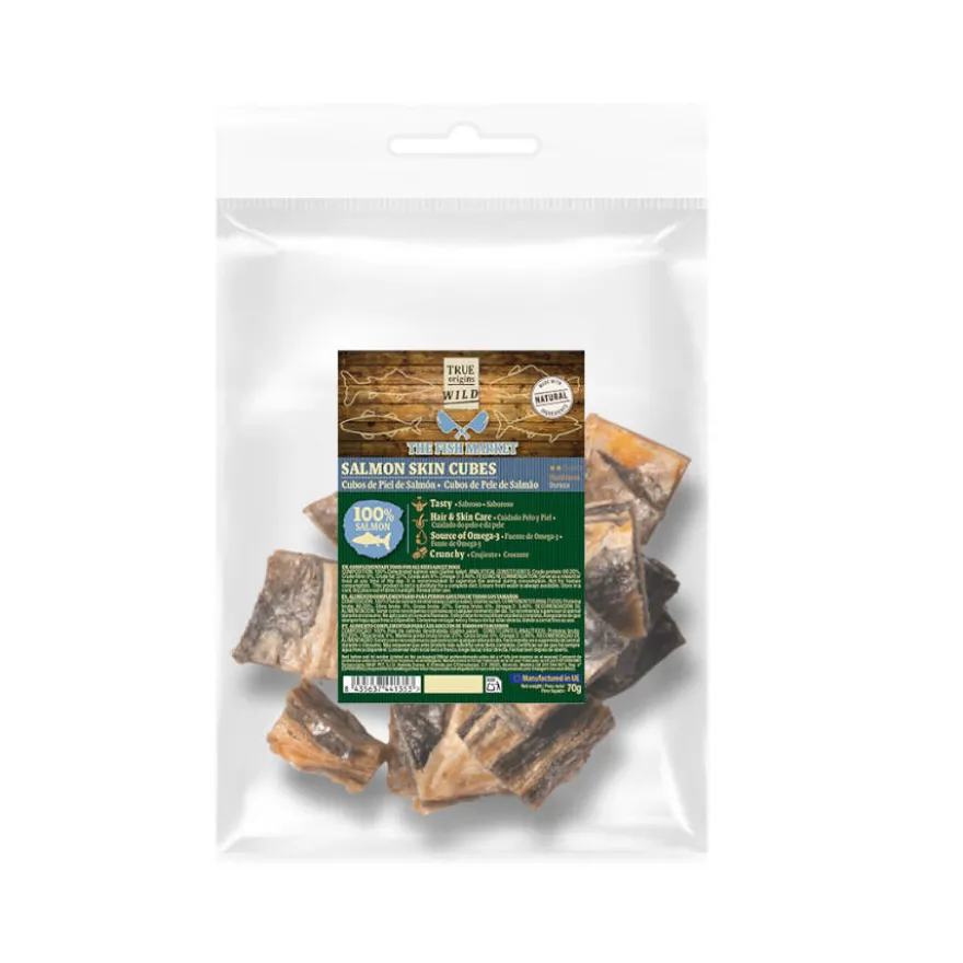 - True Origins Cubos de pele de salmão Snack para cães