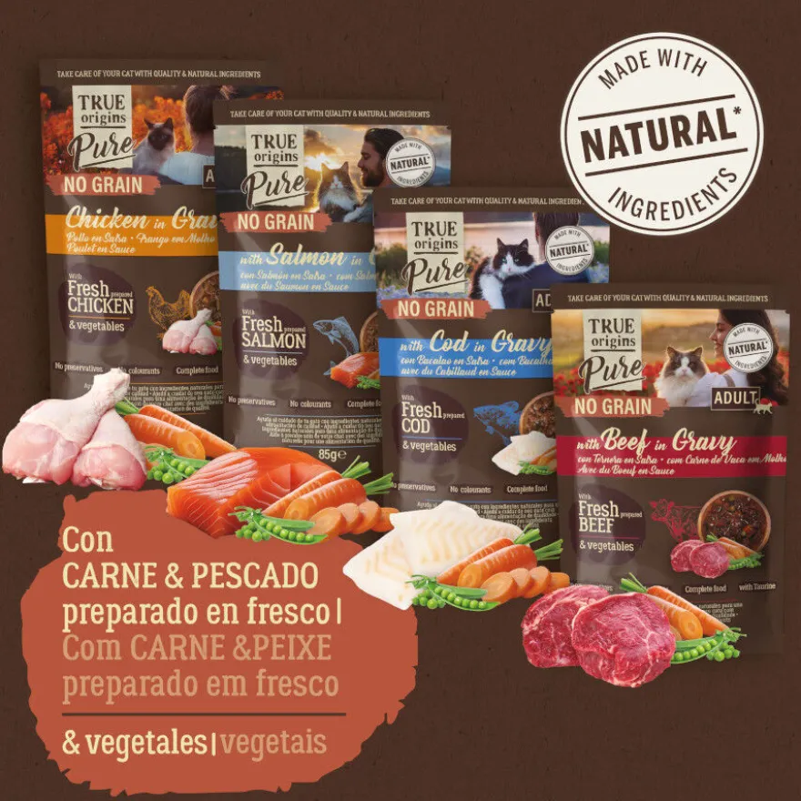 True Origins Pure Comida húmida de carne e peixe em saqueta para gatos – Multipack
