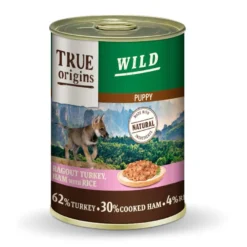 True Origins Wild Puppy Peru e fiambre cozinhados com arroz em lata para cães