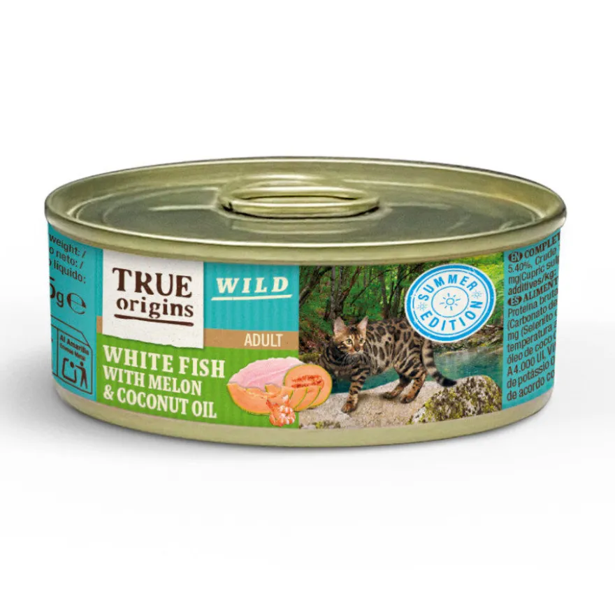 True Origins Wild Summer Peixe Branco com Camarão, Melão e Óleo de Coco em lata para gatos