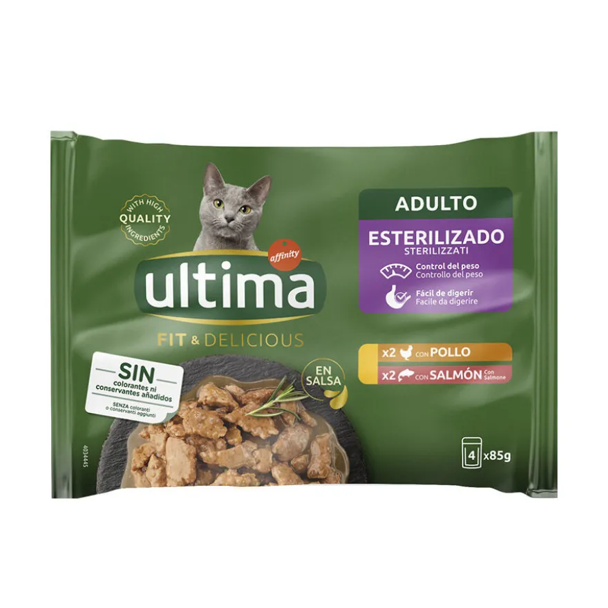 Ultima Fit e Delicious frango e salmão saqueta em molho para gatos
