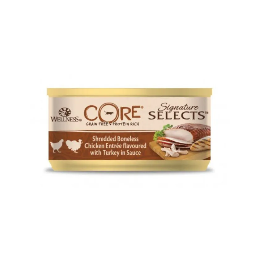Wellness Core Shredded frango e peru lata para gatos