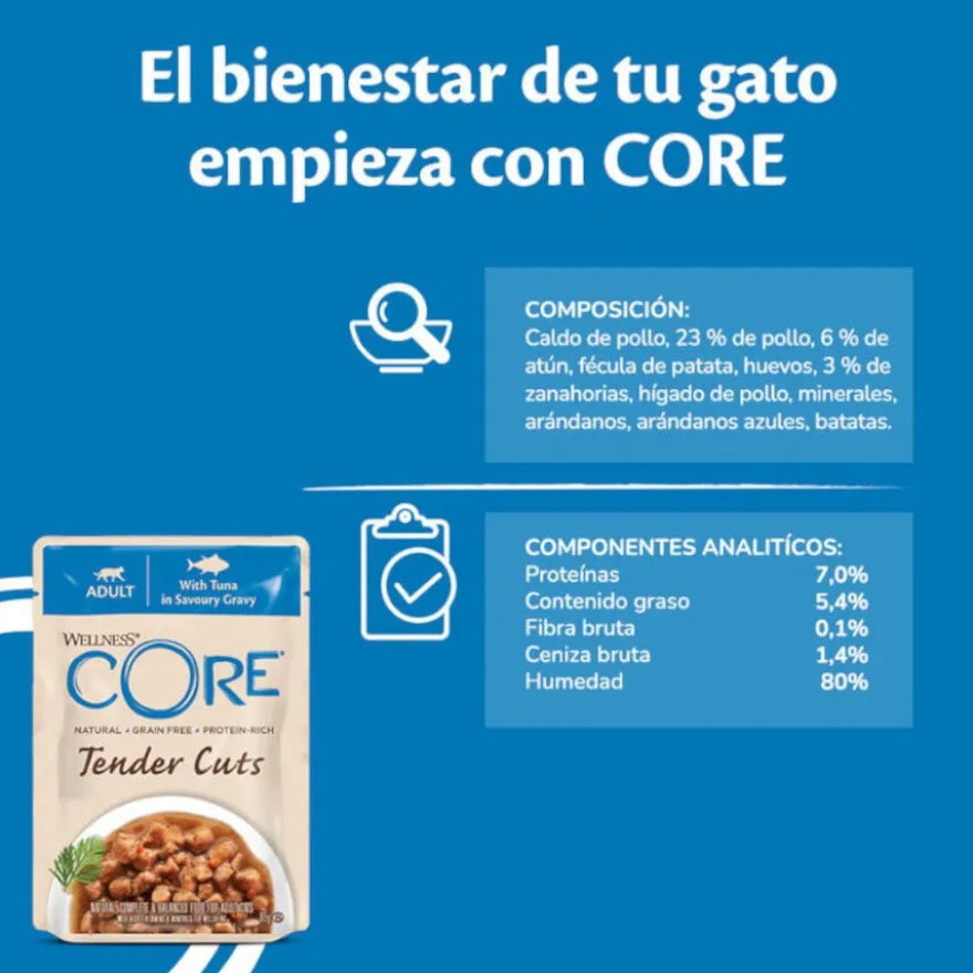 Wellness Core Tender Cuts atum em molho saquetas para gatos