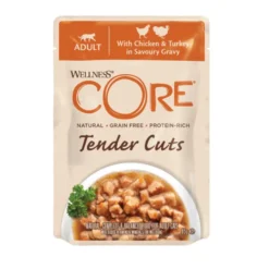 Wellness Core Tender Cuts frango e peru em molho saquetas para gatos