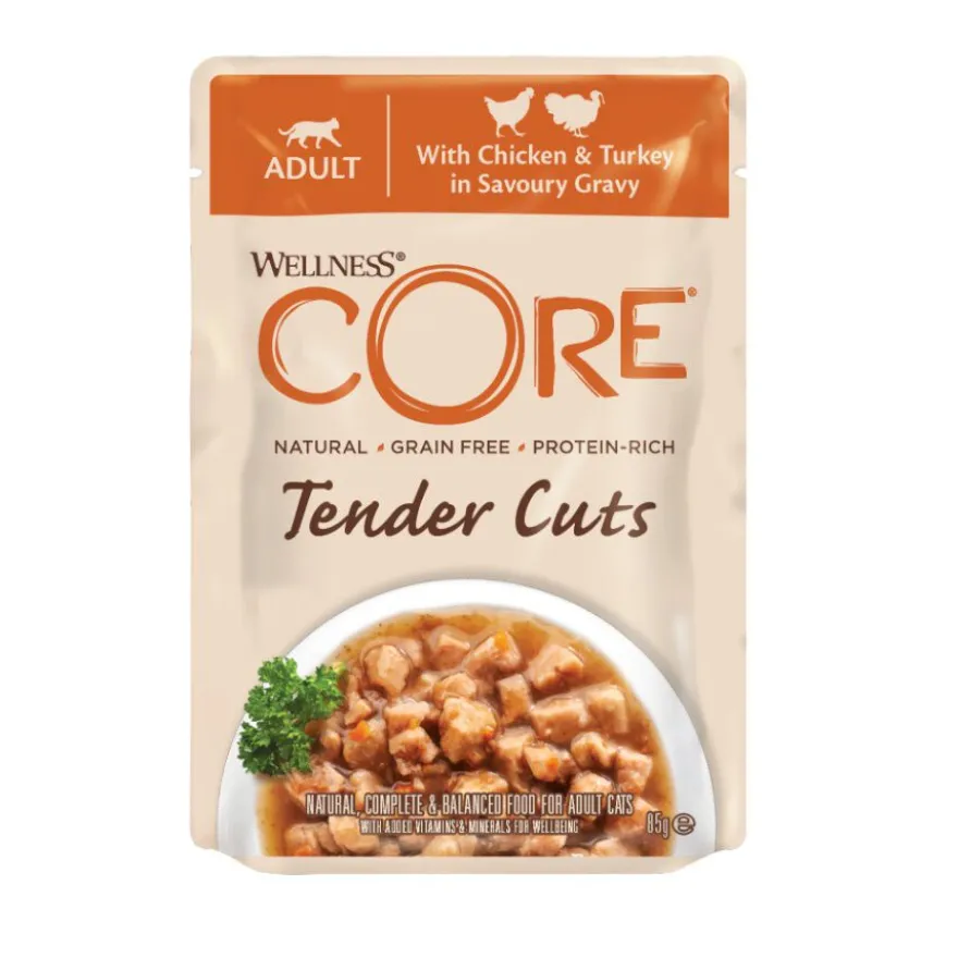 Wellness Core Tender Cuts frango e peru em molho saquetas para gatos