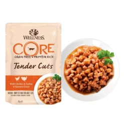 Wellness Core Tender Cuts frango e peru em molho saquetas para gatos