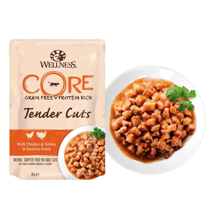 Wellness Core Tender Cuts frango e peru em molho saquetas para gatos