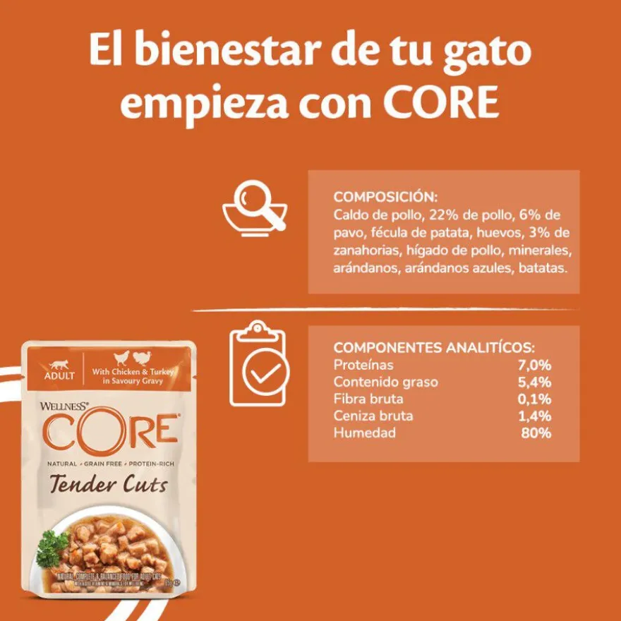 Wellness Core Tender Cuts frango e peru em molho saquetas para gatos