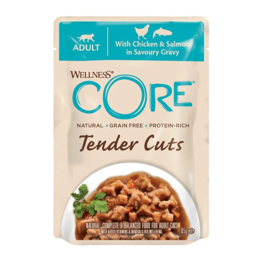 Wellness Core Tender Cuts frango e salmão saquetas para gatos