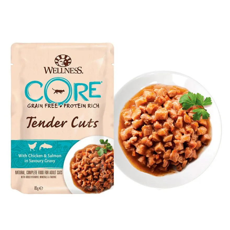 Wellness Core Tender Cuts frango e salmão saquetas para gatos