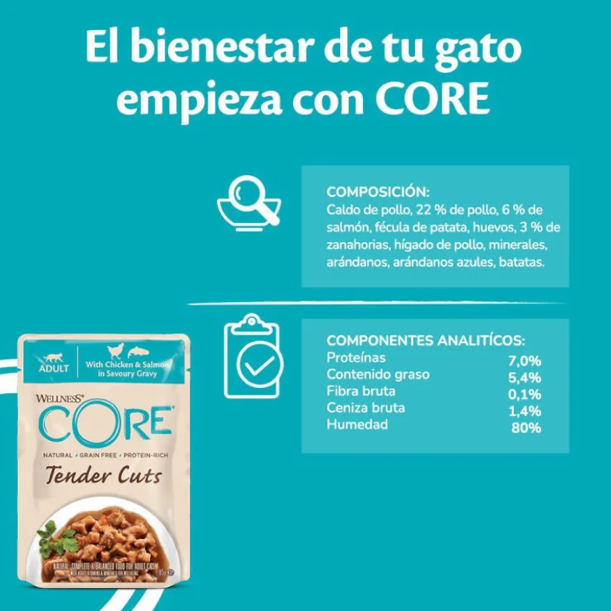 Wellness Core Tender Cuts frango e salmão saquetas para gatos